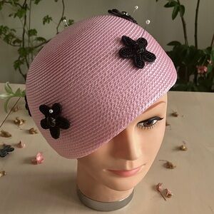 Stylish Light Pink Bubble Hat with Black Beaded Floral Details